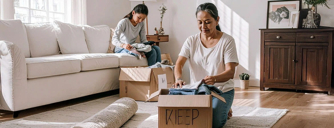 7 Probate Sale_DT 7 Budget-Friendly Tips for Preparing a Probate Home Sale. Woman with younger girl preparing boxes for donation