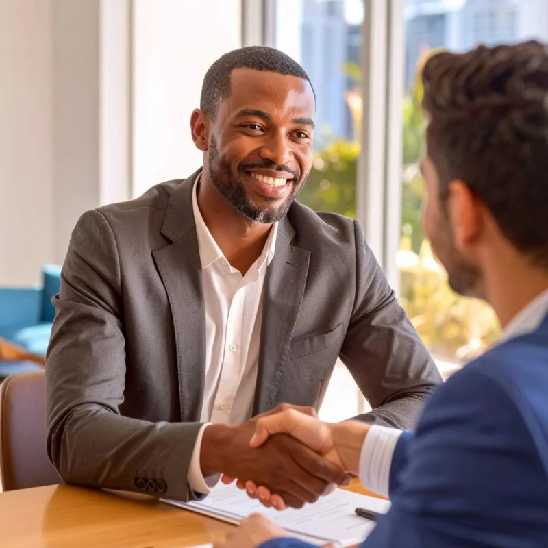 Miami Probate Realtor for Attorneys. Kid Breukelen Realty Group. Image 2 men meeting in a miami office shaking hands.