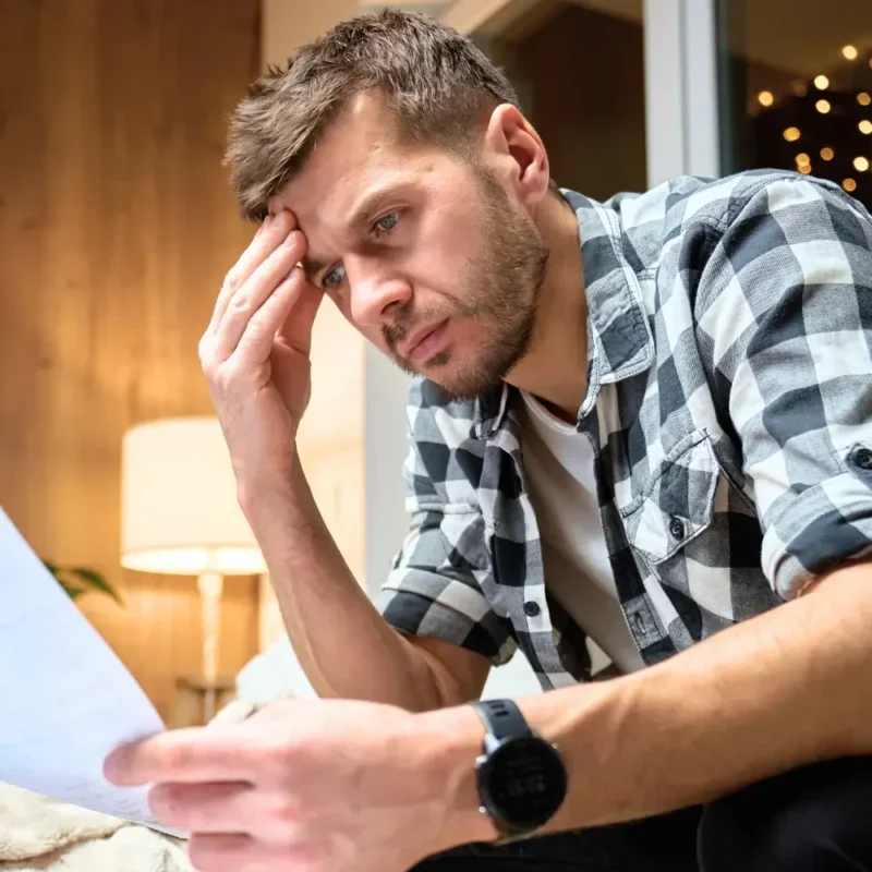 33009 homeowner reviewing bills and foreclosure-related paperwork