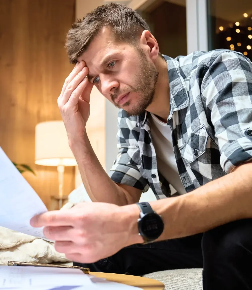 Worried homeowner in 33009 reviewing bills and foreclosure-related paperwork at home