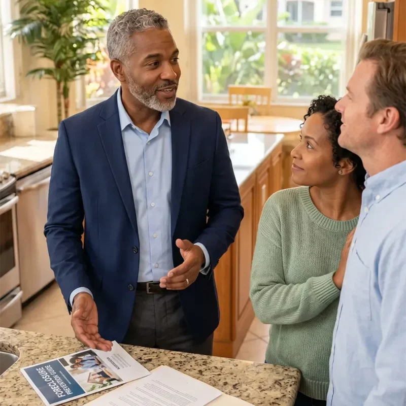 33009 foreclosure realtor reviewing property options with homeowners facing foreclosure and HOA liens