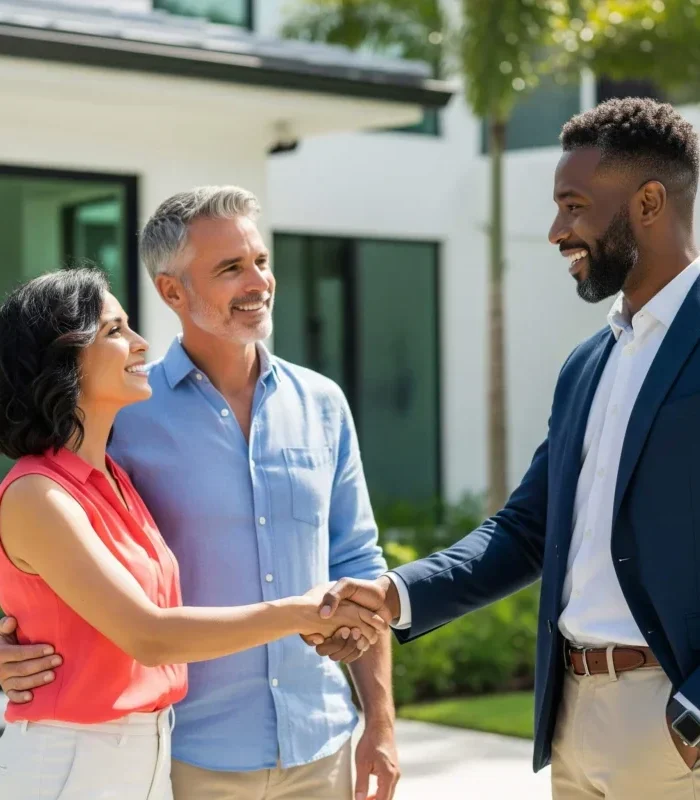 Couple and their trusted Kid Breukelen Realty Group agent finalize a home sale with a handshake, showcasing a professional and successful real estate partnership.