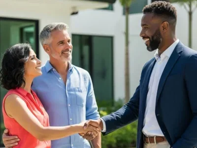 A professional real estate agent from Kid Breukelen Realty Group shaking hands with a happy couple, celebrating a successful home sale in front of their South Florida property.